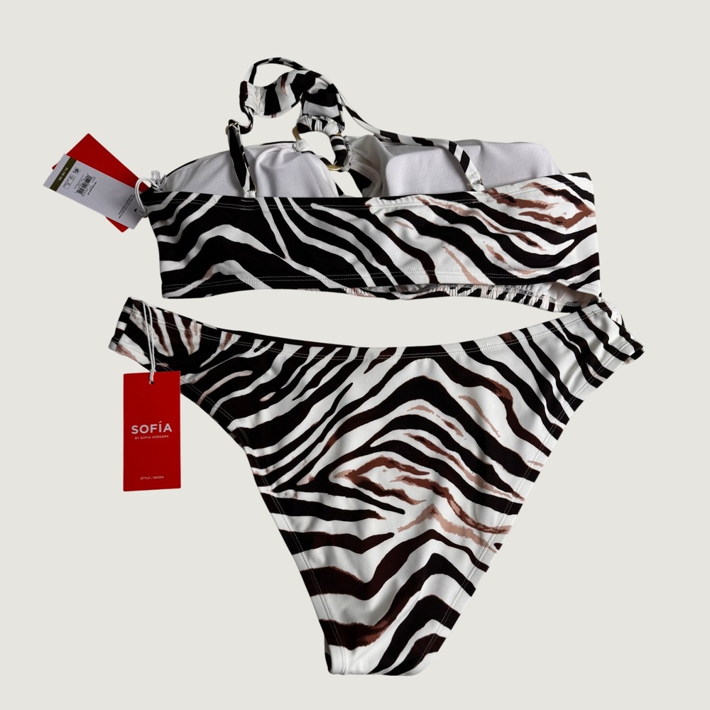 Mob Wife Sofia Vergara Zebra Print Glalm One Shoulder Bikini NEW Brown White XL - Picture 6 of 7
